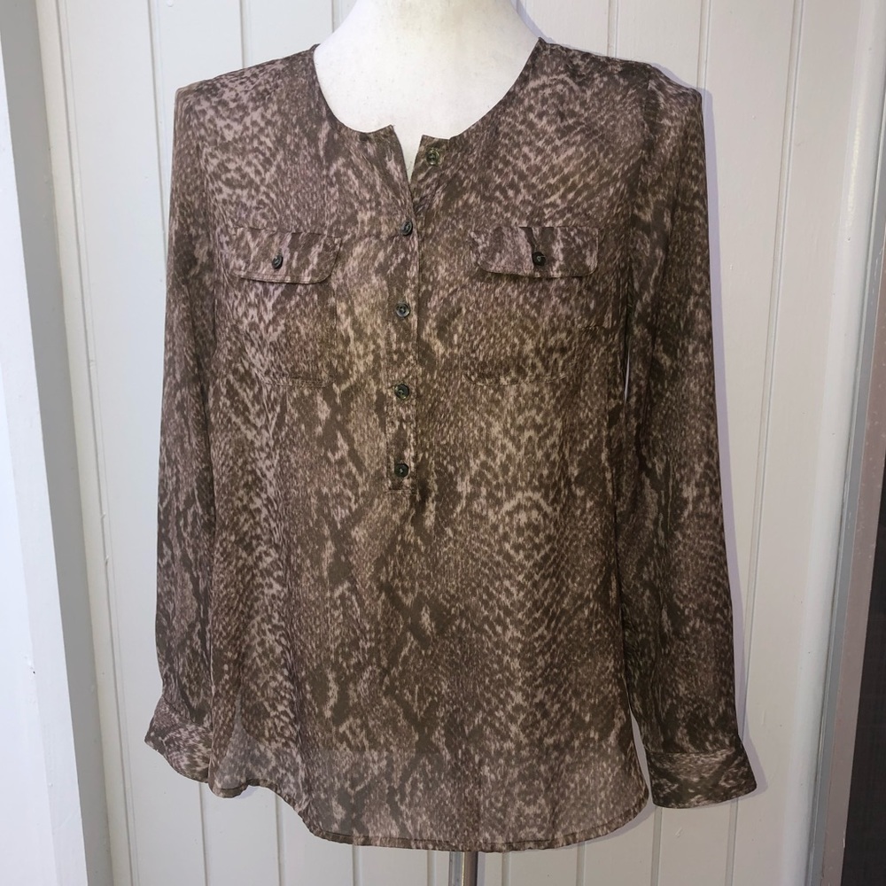 LOFT blouse animal print semi-sheer petite medium top long sleeve